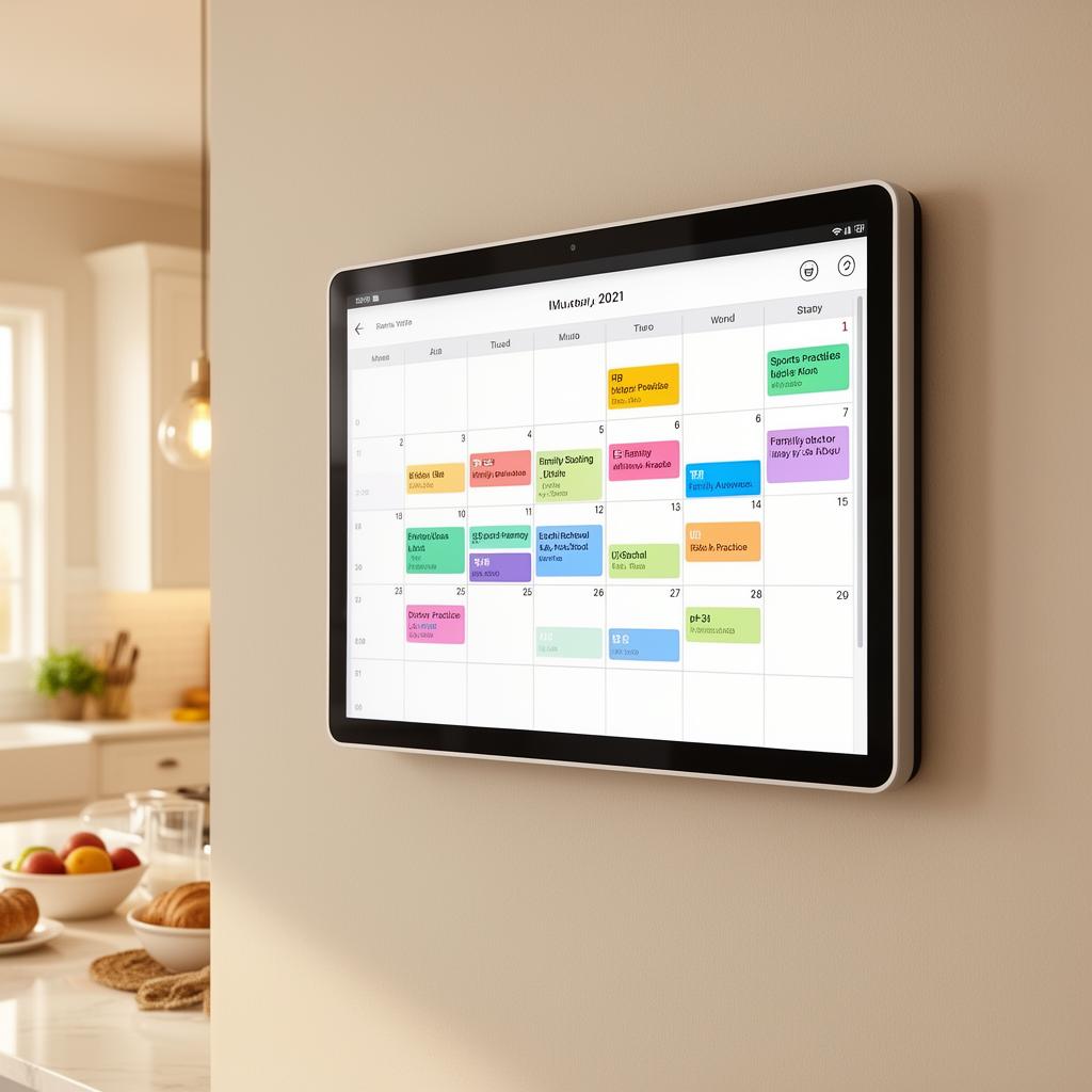 Family calendar on a kitchen wall display